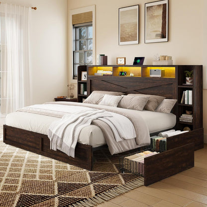 45'' Farmhouse Queen Bed Frame with Headboard & Storage, Walnut3