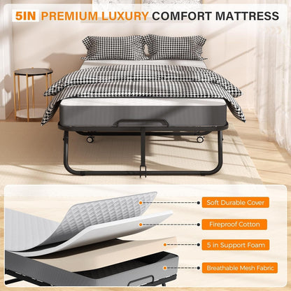 Folding Bed with 5 Inch Memory Mattress, 75” X 31” Foldable Single Cot Size with Wheels for Adults, Portable Rollaway Bed with Metal Frame for Apartment5