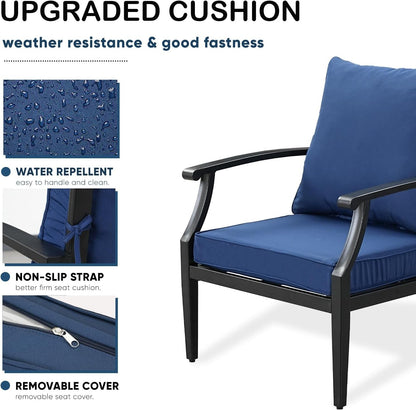 4 Piece Outdoor Patio Furniture Set, Oversized Metal Conversation Set with High Back & Deep Seating, Water-Repellent Cushions, Coffee Table for Porch, Deck, Backyard, Navy4