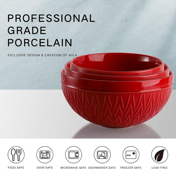 Porcelain Mixing Bowls for Kitchen, 3/1.8/1.2 Qt Ceramic Large Serving Salad Soup Bowl Set, Deep Nesting Bowl for Space Saving, 3-Piece Set, Microwave and Dishwasher Safe, Red3