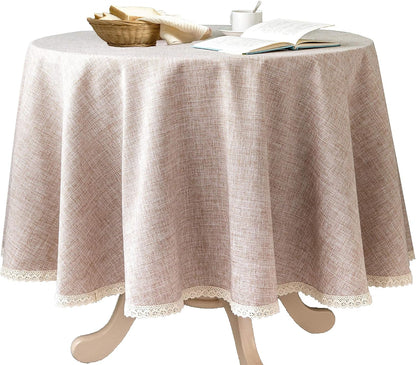 Linen Rustic Burlap Washable Tablecloth,Solid Heavy Weight 70 Inch round Overlay Lace Edge Table Cover for Kitchen Dinning Decoration1