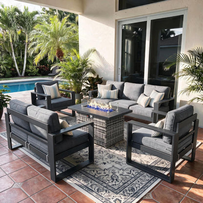 5 Pieces Aluminum Outdoor Patio Furniture Set, Metal Modern Conversation Sofa Set with Fire Pit Table and Washable Thick Cushions for Porch, Backyard, Deck1