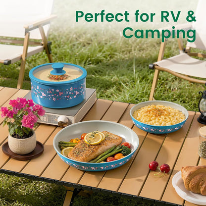 Ceramic Cookware Set Non Toxic with Detachable Handles, Healthy Nonstick Decal Pans and Pots Set 14 Pcs, Induction Dishwasher Oven Safe Kitchen Set, Turquoise with Bougainvillea8