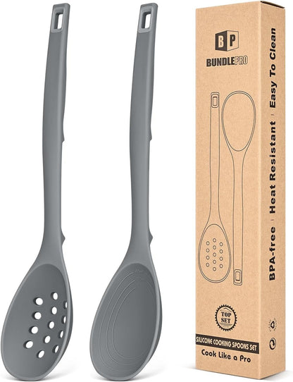 Pack of 2 Silicone Cooking Spoons, Non Stick Solid Kitchen Spoon with Measuring Marks & Back Hooks, Heat Resistant Silicone Slotted Spoon for Cooking, Mixing, Stirring,Serving (GRAY)1