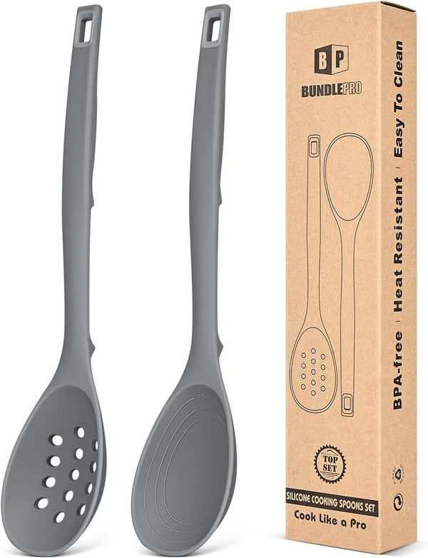 Pack of 2 Silicone Cooking Spoons, Non Stick Solid Kitchen Spoon with Measuring Marks & Back Hooks, Heat Resistant Silicone Slotted Spoon for Cooking, Mixing, Stirring,Serving (GRAY)1