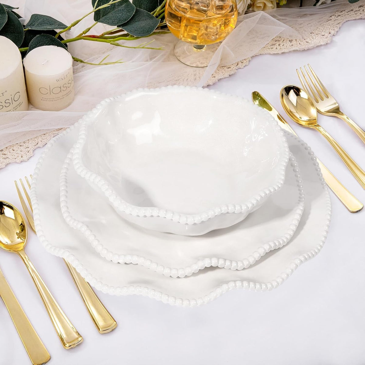 perlette-melamine-dinnerware-sets-service-for-4-cream-plates-and-bowls-set-with-beaded-edge-bpa-free-dishwasher-safe-heavy-duty-unbreakable-dinnerware-for-wedding-party-camping-outdoor