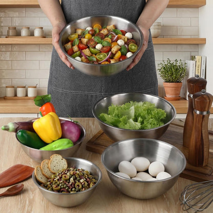 5 Pack Stainless Steel Mixing Bowls with Marks, Heavy Duty Nesting Bowls Set, Food Grade 304, Dishwasher Safe & Stackable for Cooking, Baking, Prepping (1, 1-1/2, 2, 2-1/2, 3-1/2 QT)​​4