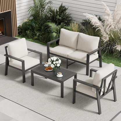 4-Piece Aluminum Outdoor Patio Furniture Sets All-Weather Patio Conversation Set Sectional Sofa with Coffee Table & Cushions with Removable Covers for for Deck Backyard Garden Poolside Balcony Porch5