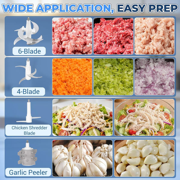 Food Processor-2 Bowls (8Cups+8Cups),800W Food Chopper Meat Grinder | 【2 Sets Stainless Steel Blade】【Pure Copper Motor】Small Food Processor for Meat,Vegetable,Garlic,Onion,Chicken Shredder8