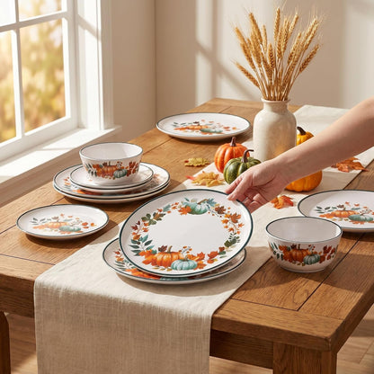 12-Piece Melamine Dinnerware Set for 4, Fall Pumpkin Plates and Bowls4