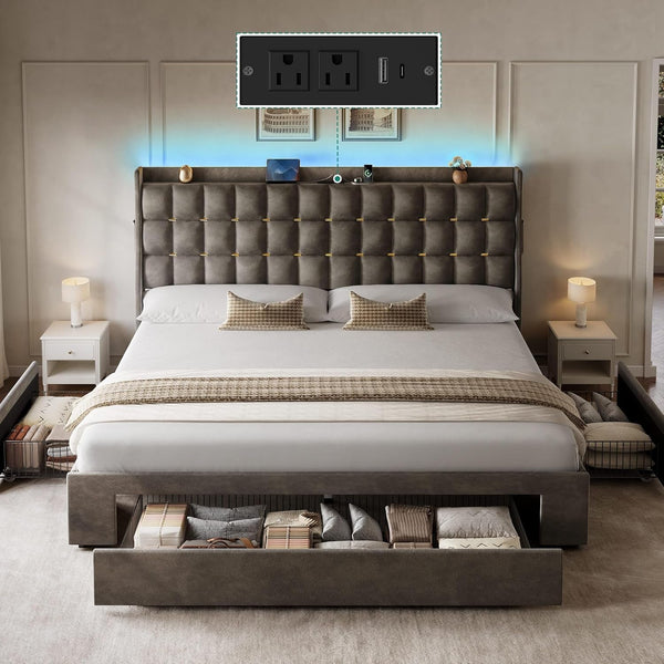 King Size Bed Frame with 3 Storage Drawers and RGB LED Lights3