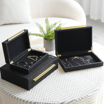 Faux Shagreen Decorative Stackable Jewelry Storage Boxes Set of 3,Black | Jewelry Organizers with Gold Metal Handles & Velvet Lining, Modern Black Box for Vanity, Entryway & Coffee Table Décor4