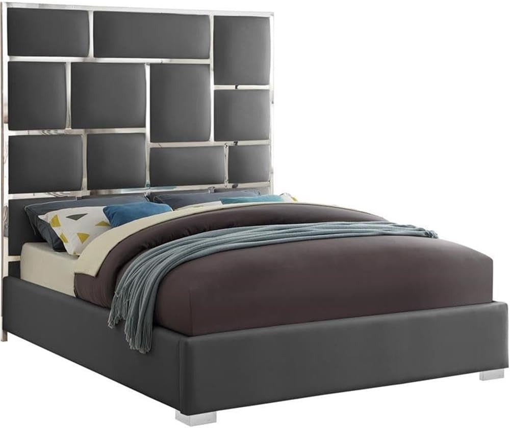 modern-king-bed-solid-wood-and-gray-vegan-leather-chrome-metal-accents-81-5-w-x-84-5-d-x-70-h-tall-geometric-headboard-no-box-spring-required-contemporary-bedroom-furniture