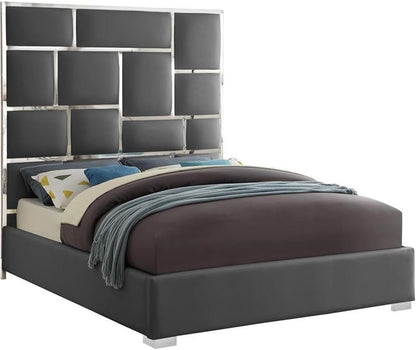 Modern King Bed, Solid Wood and Gray Vegan Leather, Chrome Metal Accents, 81.5" W X 84.5" D X 70" H, Tall Geometric Headboard, No Box Spring Required, Contemporary Bedroom Furniture1
