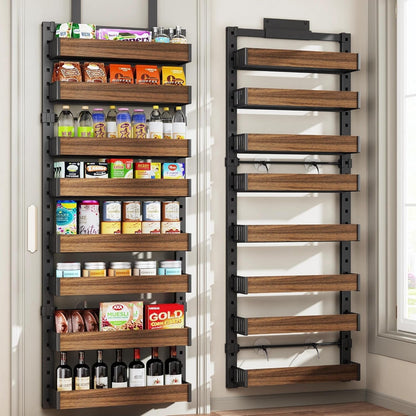 8 Tier over the Door Pantry Organizer with Adjustable Wooden Baskets, Heavy Duty 2 in 1 Wall Mounted & Hanging Spice Rack for Kitchen, Cabinet and Closet Organization1