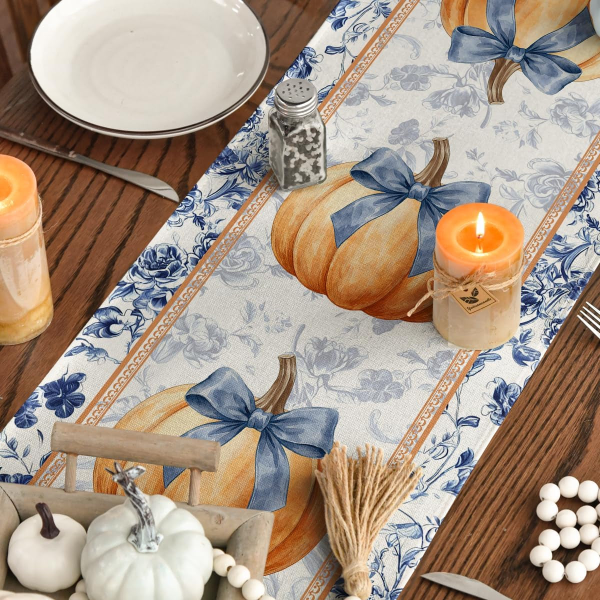 210-gsm-fall-table-runner-home-party-decor-13x72-inch-orange-pumpkin-bow-blue-white-porcelain-seasonal-kitchen-dining-table-decoration