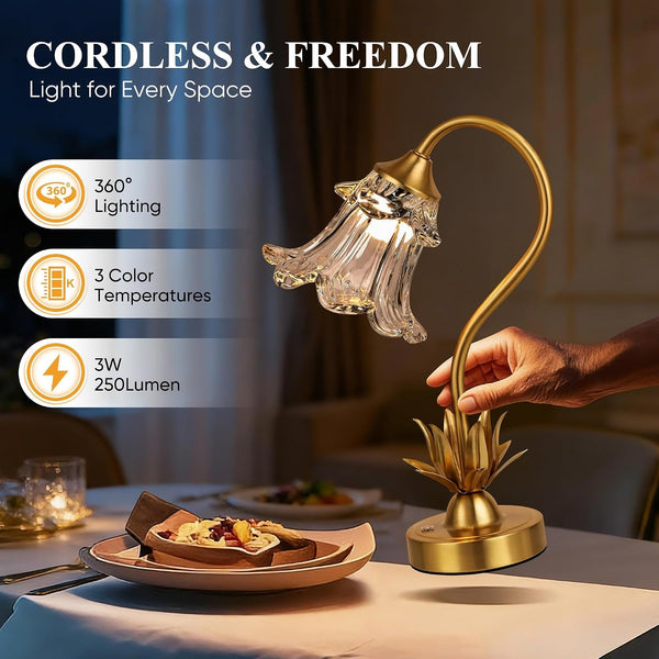 Cordless Flower Table Lamp with Glass Lampshade, 5200Mah Rechargeable Battery, 3-Color Dimmable Touch Control, Portable Desk Lamp for Nightstand, Patio, Camping, Restaurant & Home, Transparent5