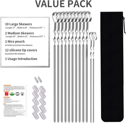 Skewers - 17" Kabob Skewers for Grilling, Metal Sticks for Kabobs Stainless Steel Flat Long Shish Kebab Reusable Grill BBQ Barbecue Sticks for Meat Chicken Vegetable, 12 Pack Bonus 14 Inch6