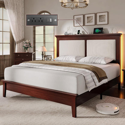 Queen Bed Frame with Headboard, Solid Wood Bed Frame Queen Size with Charging Station & RGB LED, Wood Slats Support, Noise-Free, Sturdy Structure, Easy Assembly, Mahogany1