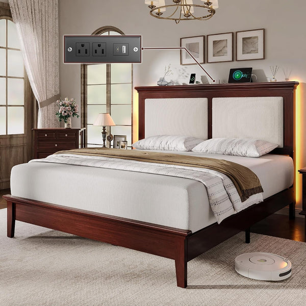 Queen Bed Frame with Headboard, Solid Wood Bed Frame Queen Size with Charging Station & RGB LED, Wood Slats Support, Noise-Free, Sturdy Structure, Easy Assembly, Mahogany1