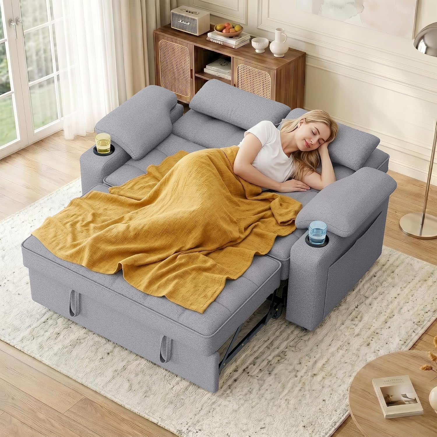58-convertible-sofa-bed-with-usb-charger-and-cup-holders-teddy-fabric-loveseat-pull-out-couch-with-adjustable-backrest-and-side-pocket-for-small-spacegrey