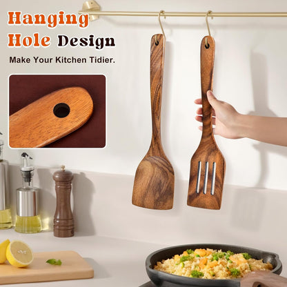 2Pcs Wooden Spatula, Acacia Solid & Slotted Turner Spatula Set, Long Handle Flat Frying Spatulas, Ideal Kitchen Gift for Mother and Grandma, Kitchen Utensils Set for Cooking, Frying, Baking4