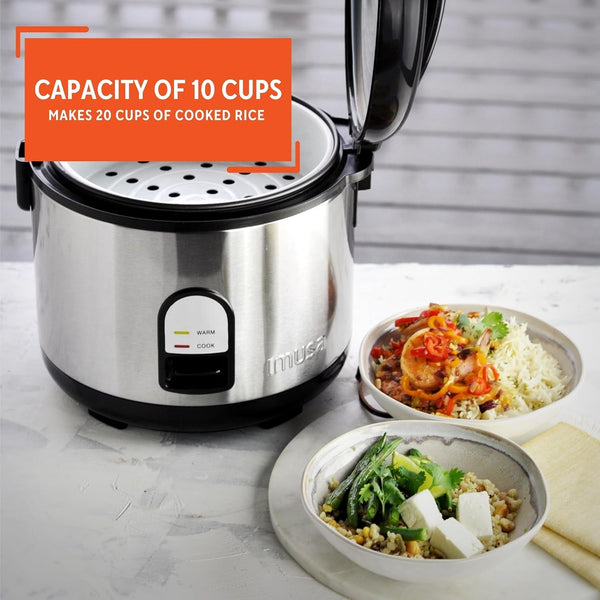 10 Cup Deluxe Stainless Steel Electric Rice Cooker with Steam Tray | Mirror-Polished Finish, Steam Tray Nonstick Pot, Ideal for Rice and Grains, Great for Large Family Dinners4