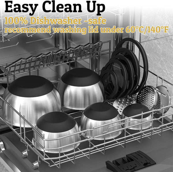 Mixing Bowls with Lids Set - Non-Slip, Airtight Warp-Proof TPR-AS Lids, Thicker Stainless Steel Bowls, Measurement Lines & 3 Graters, Prep Meal Bowl, Black Nesting Bowl for Kitchen, 5/3/2/1.5/0.63QT7