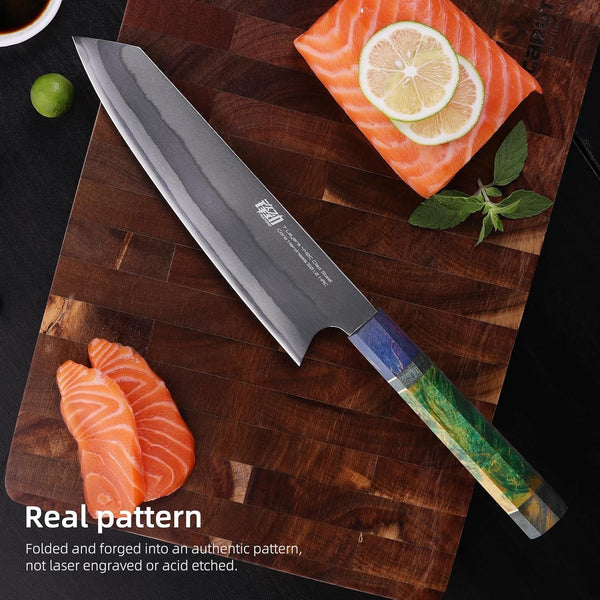 8 Inch Kiritsuke Chef Knife, Japanese-Style Kitchen Knife with 7-Layer 440C Clad Steel Blade, Colorful Stabilized Wood Octagonal Handle, Versatile for Slicing, Chopping, Dicing and Meal Prep3