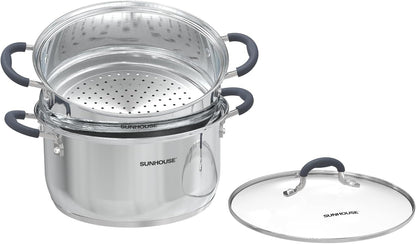 : 2-Tier Stainless Steel Steamer Pots - 3.1 Quart - Tempered Glass Lid, 3-Ply Bottom, Vegetable-Dumpling-Food Cookware, Dishwasher & Oven Safe | Steaming Pot with Glass Lid & Steamer Basket1