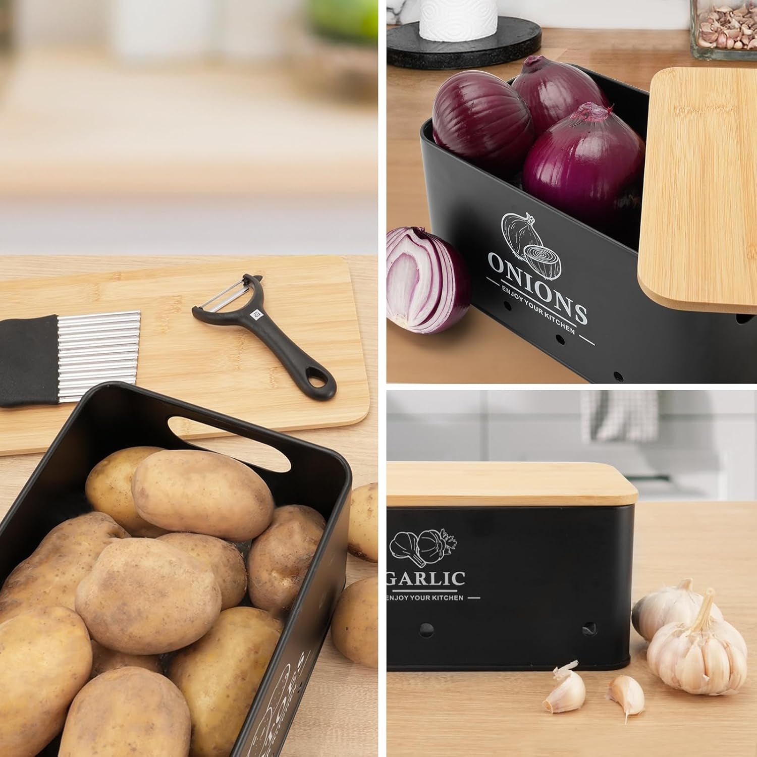 kitchen-vegetable-storage-set-of-3-metal-onion-garlic-potato-storage-set-kitchen-canisters-vegetable-keeper-containers-with-aerating-holes-and-bamboo-lid-black