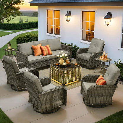 8 Pieces Patio Furniture Set, Outdoor Wicker Sofa Couch with Swivel Glider Chairs Solar Lights Table, Modern Deep Seat Rattan Conversation Sets for Deck Porch, Dark Grey1