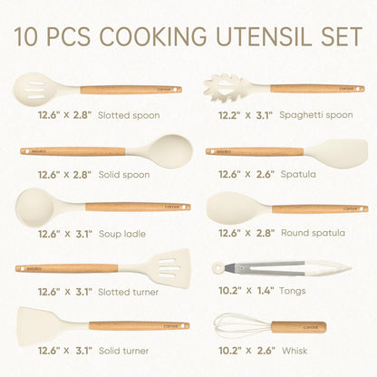 10-Piece Kitchen Utensils Set with Wood Cool-Touch Handles, Cream | Silicone Cooking Utensil, Food Grade, Nonstick Cookware Friendly, Bpa-Free, Heat-Resistant, Everyday Home Essentials, Gifts2