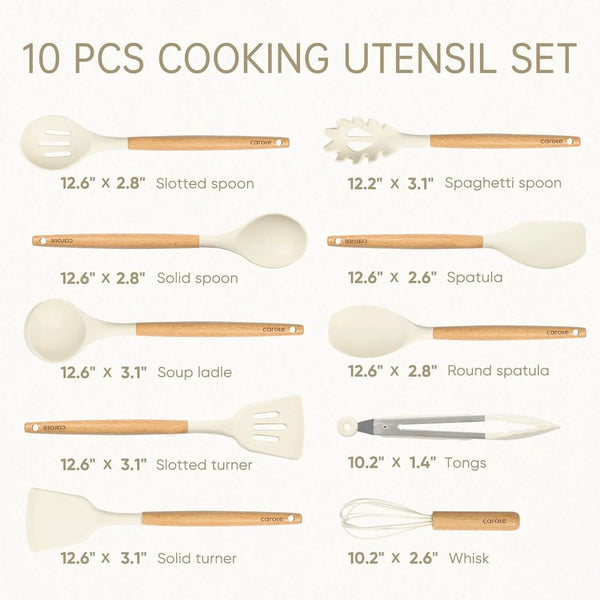 10-Piece Kitchen Utensils Set with Wood Cool-Touch Handles, Cream | Silicone Cooking Utensil, Food Grade, Nonstick Cookware Friendly, Bpa-Free, Heat-Resistant, Everyday Home Essentials, Gifts2