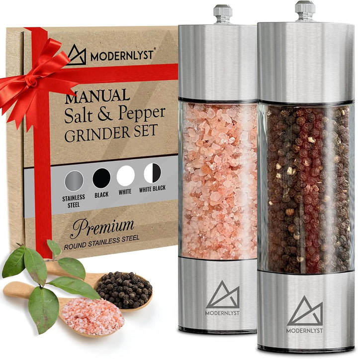 Salt and Pepper Grinder Set Manual 2 Pack | Large round Salt and Pepper Shakers Set | 7.5 Inch Stainless Steel Salt Grinder Refillable | Manual Pepper Grinder (Stainless Steel)