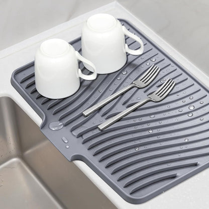 Silicone Dish Drying Mat for Kitchen Counter, Grey-1Pcs, 16" X 12" | Heat Resistant & Non-Slip Dish Drain Pad with Built-In Drain, Dishwasher Safe, Quick-Dry, Hangable & Roll-Up for Storage1