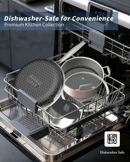 5 Pcs Stainless Steel Cookware Set, 9.5In Non Stick Frying Pan, 5-Quart Soup Pot & 2.3-Quart Sauce Pan with 2 Lids, Stay-Cool Handles, Dishwasher & Oven-Safe, Induction Compatible, Silver7