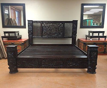 Carved Wooden Lotus Pillar Bed, Hand Crafted from Solid Mahogany Wood, Standard King7