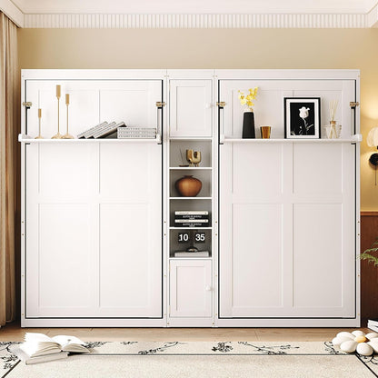 Dual Twin Murphy Bed with Cabinets and Shelves, Space Saving Wall Bed with Storage, Foldable Twin Beds with Convertible Shelf Legs for Guest Room, Small Space, White3