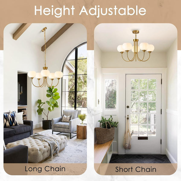 Modern Globe Chandelier 5 Light Mid Century White Milk Glass Vintage Sputnik Hanging Chandeliers Gold Pendant Light Fixtures for Dining Room Kitchen Living Room Bedroom6