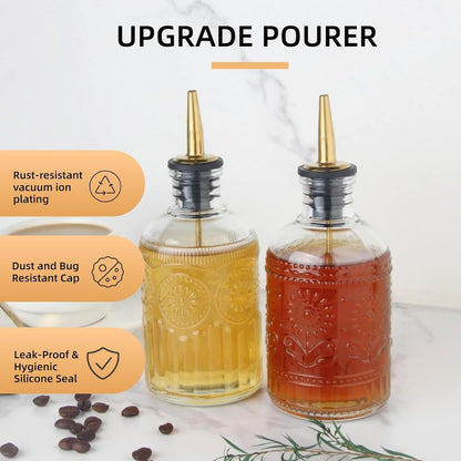 Simple Syrup Bottles Set of 2, Glass Coffee Syrup Dispenser Bottles 7 OZ with Metal Pour Spout, Labels and Stopper, Glass Syrup Dispenser for Maple Honey Syrup Oil and Sauces, LC0023