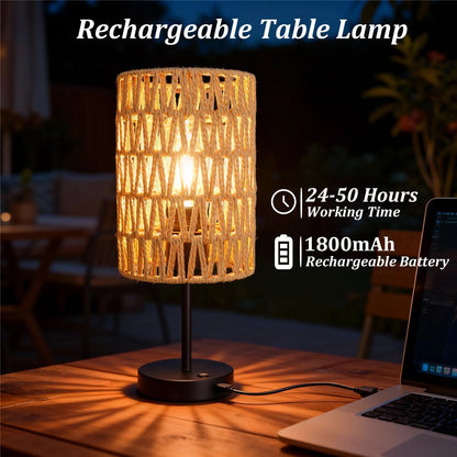 Rechargeable Outdoor Table Lamps, Rattan Boho Cordless Battery Operated Table Lamps, Patio Lamp for Living Room, Balcony, Bedside Decor- Set of 2 (Beige)5