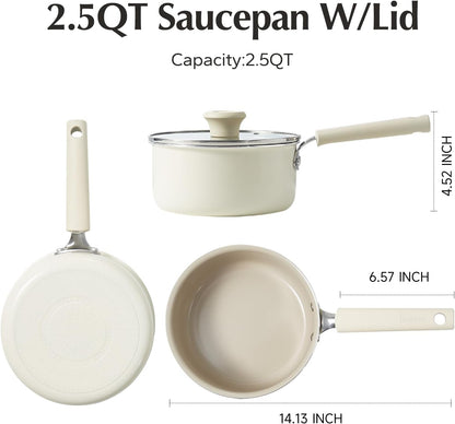 Ceramic Nonstick Saucepan with Lid, 2.5QT Small Cooking Pot, Non Toxic Sauce Pans for Kitchen, Cool Handle PFAS Free Compatible with All Cooktops, White7