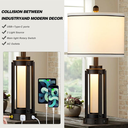 26" Modern Table Lamp with USB A+C Charging Ports & AC Outlet, Industrial beside Contemporary Lamp Glass LED Night Light for Living Room Bedroom Nightstand End Table Single Black(2 Bulbs Included)4