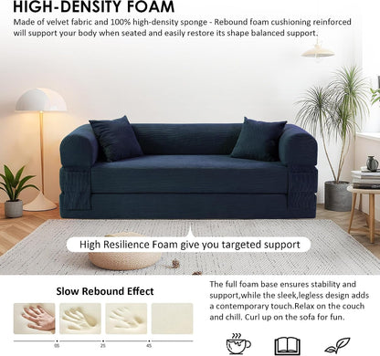 80" Corduroy Convertible Sofa Bed, 3-In-1 Boneless Couch Navy Blue6