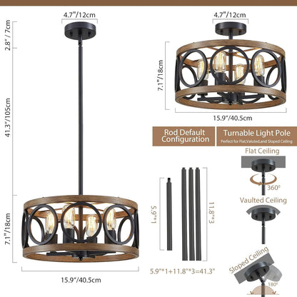 Black Dining Room Light Fixtures Modern Farmhouse Chandelier for Dining Room Living Room Kitchen 16'' Drum Metal Black and Wood Grain Finish, 4-Light round Hanging Chandelier Pendant3