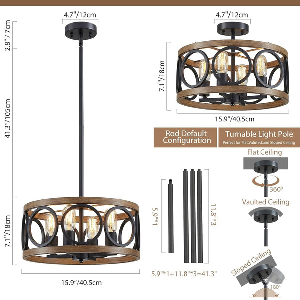 Black Dining Room Light Fixtures Modern Farmhouse Chandelier for Dining Room Living Room Kitchen 16'' Drum Metal Black and Wood Grain Finish, 4-Light round Hanging Chandelier Pendant3