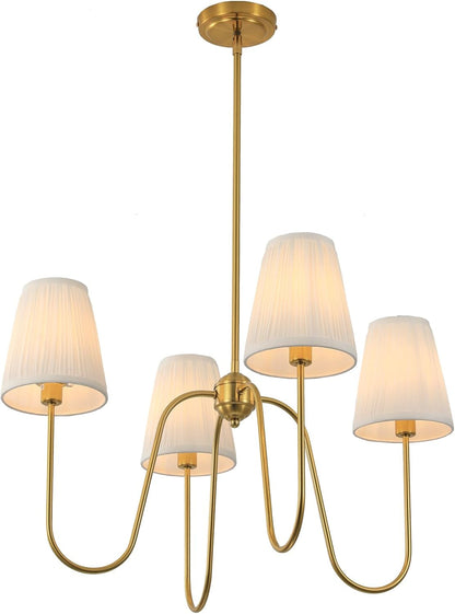 ;27"Dia 4-Arm White Pleated Fabric Shade Chandelier Polished Gold2