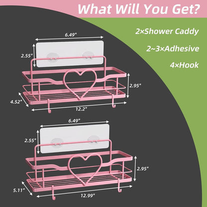 Pink Shower Caddy with 4 Removable Hooks, 2 Pack Sweet Heart Shower Shelves,No Drilling Adhesive Organizer Shelf for Bathroom Shower,Kitchen,Bedroom6