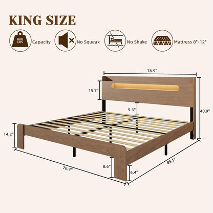 King Size Wood Bed Frame with 2-Tier Shelf Headboard, Walnut2